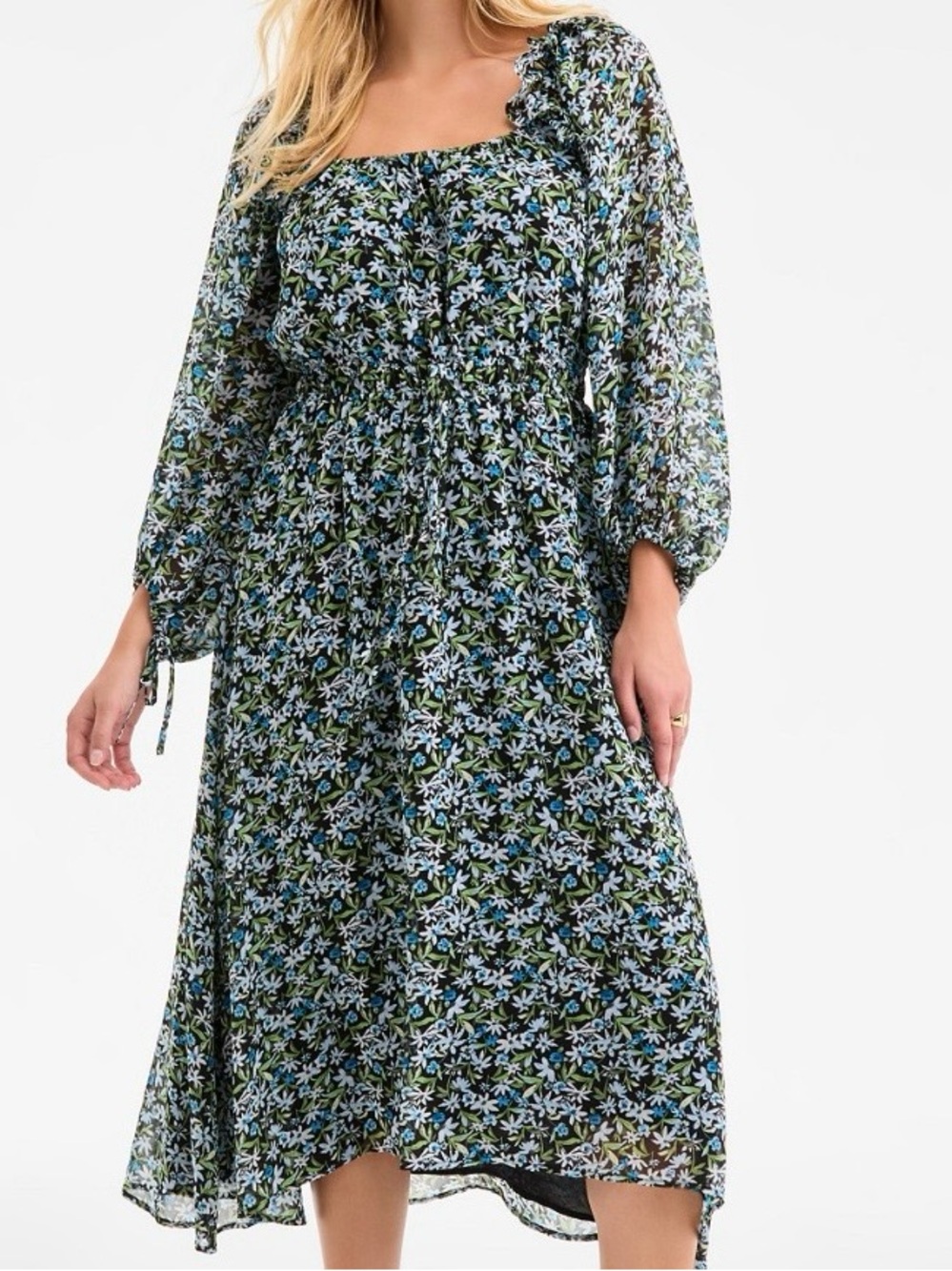 ON 34th Floral Midi Dress Long Sleeves Black Blue Cream Sheer Size L